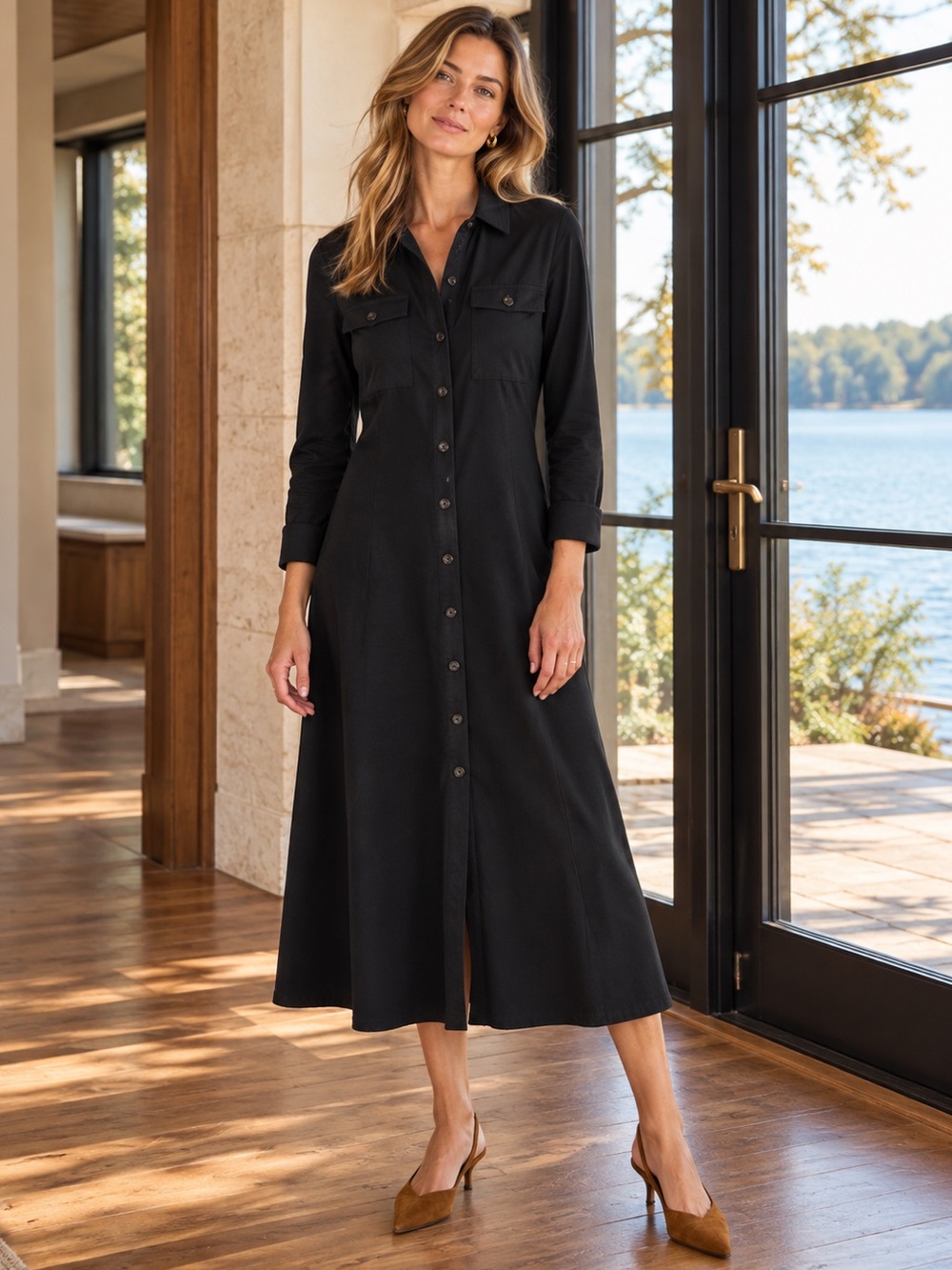 Spartina 449 Stretch Cotton Midi Shirtdress Black Large Long Sleeve